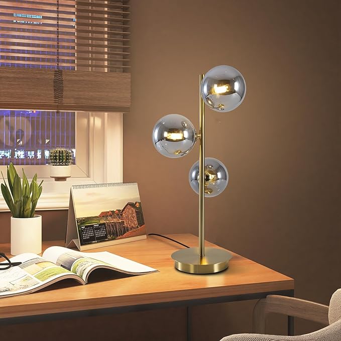 Mid Century Globe Table Lamp, Modern 3 Lights Gold Brass Desk Lamp, - Image 6