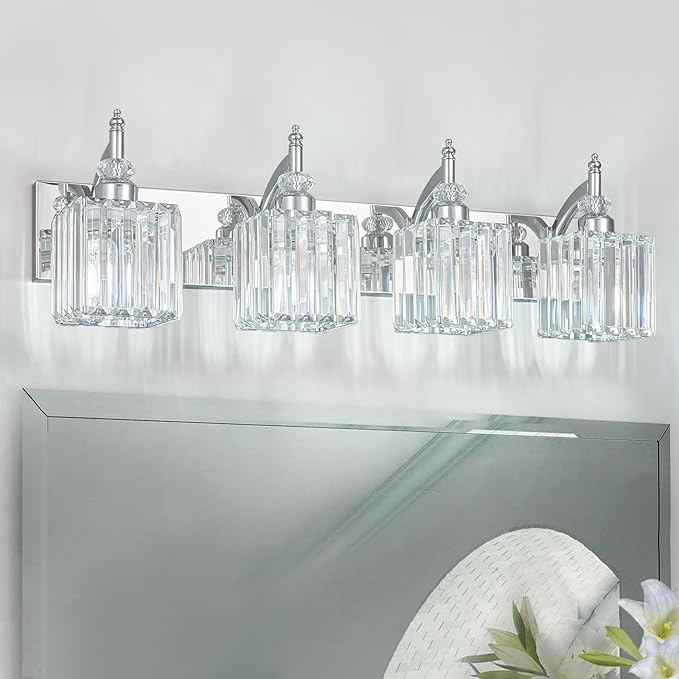 Modern Bathroom Vanity Light 4-Light Chrome Crystal Light Fixtures Over Mirror - Image 6