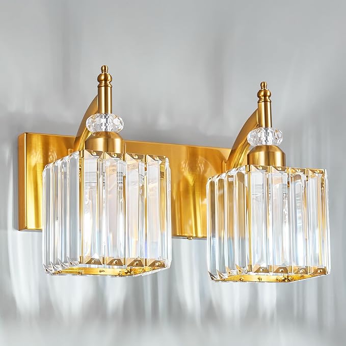 Modern Bathroom Vanity Light 2-Light Gold Crystal Light Fixtures Over Mirror by BBLLWJ