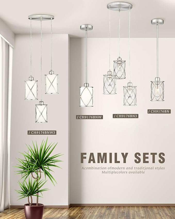 Brushed Nickel Dining Room Chandelier Light Fixture, 3-Light Pendant Lighting - Image 6