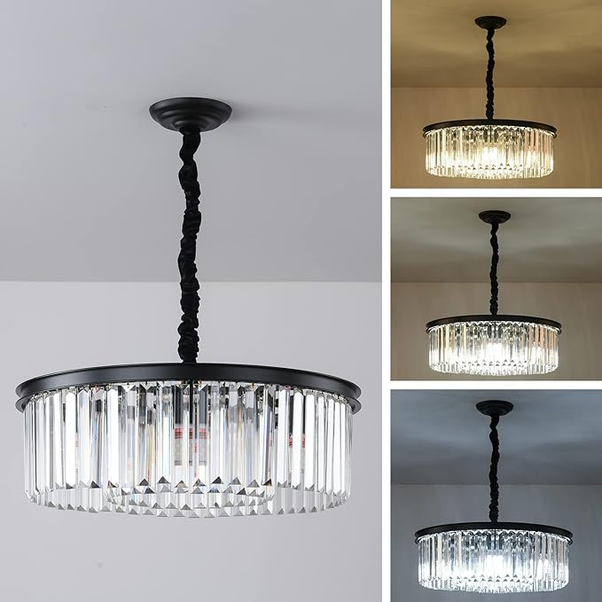 Black Modern Crystal Chandelier, 2-Tier Round Flush Mount Ceiling Light - Image 3