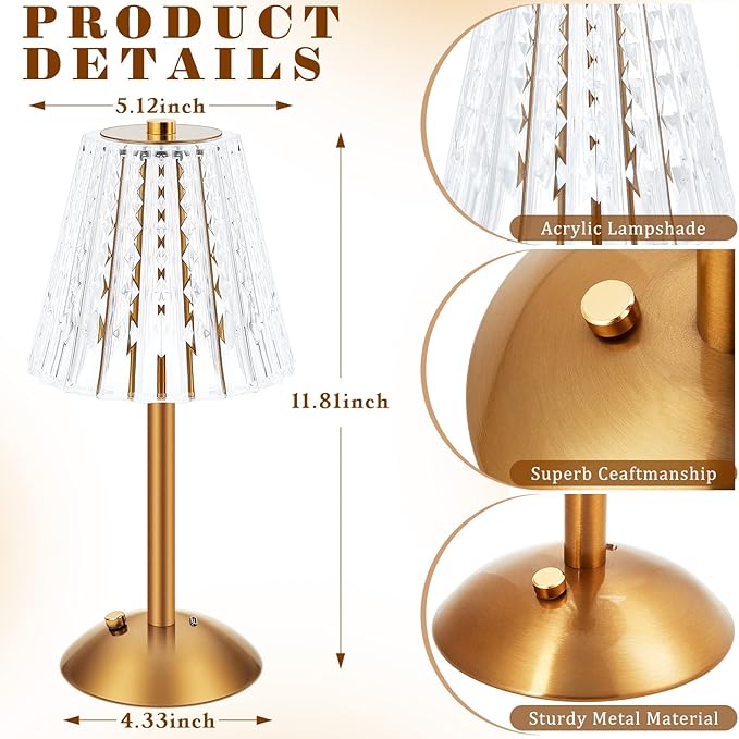 Liliful 1 Pcs Cordless Table Lamp Rechargeable Touch LED Small Gold Portable - Image 2
