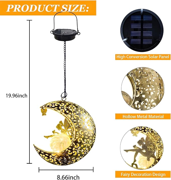 Solar Garden Fairy Statues Decor Hanging Lights, Outdoor Moon Decorations Metal - Image 3
