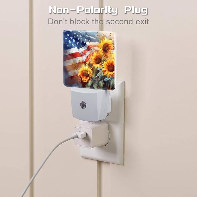 American Flag with Sunflowers Night Light Plug into Wall, Watercolor USA Flag - Image 3
