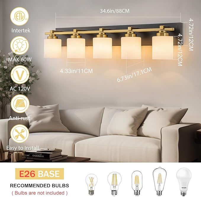 5 Light Modern Bathroom Light Fixtures Over Mirror, E26 Socket - Image 5