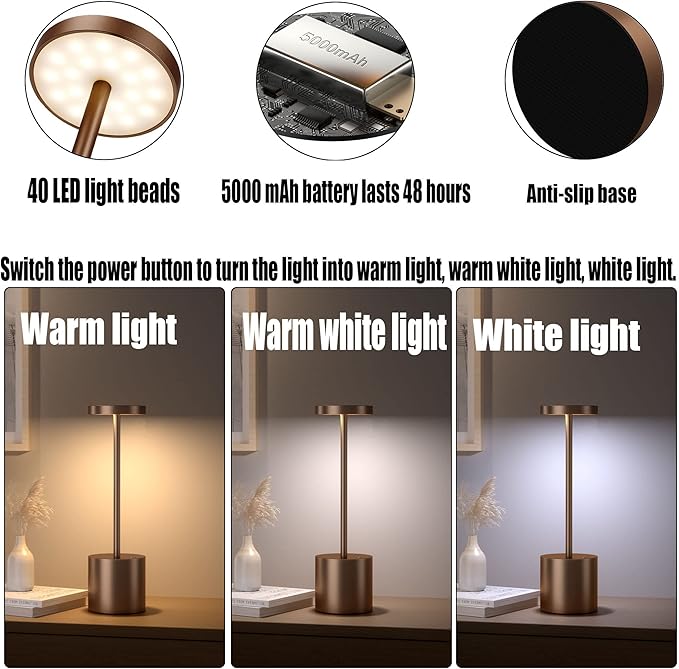2Pack Cordless Table Lamp, Rechargeable LED Battery 5000mAh Metal USB Portable - Image 3