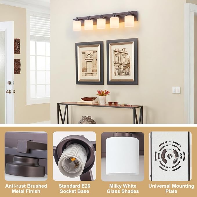 5 Light Modern Bathroom Light Fixtures Over Mirror, Bronze Finish Vanity Lights - Image 3