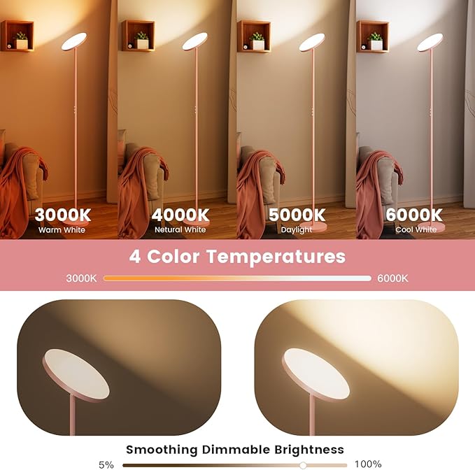 Pink Dimmable Floor Lamp, Bright 36W 3500LM Standing Lamp - Image 2