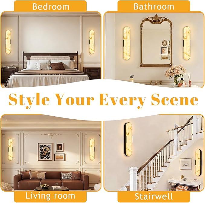 2 Pack Alabaster Wall Sconces 20" Black Modern Vanity Wall Lights - Image 7