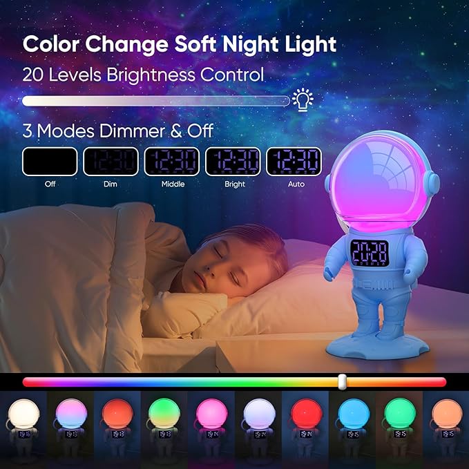 Astronaut Sunrise Alarm Clock for Kids, 22 Dimmable Nightlights, Dual Digital - Image 4