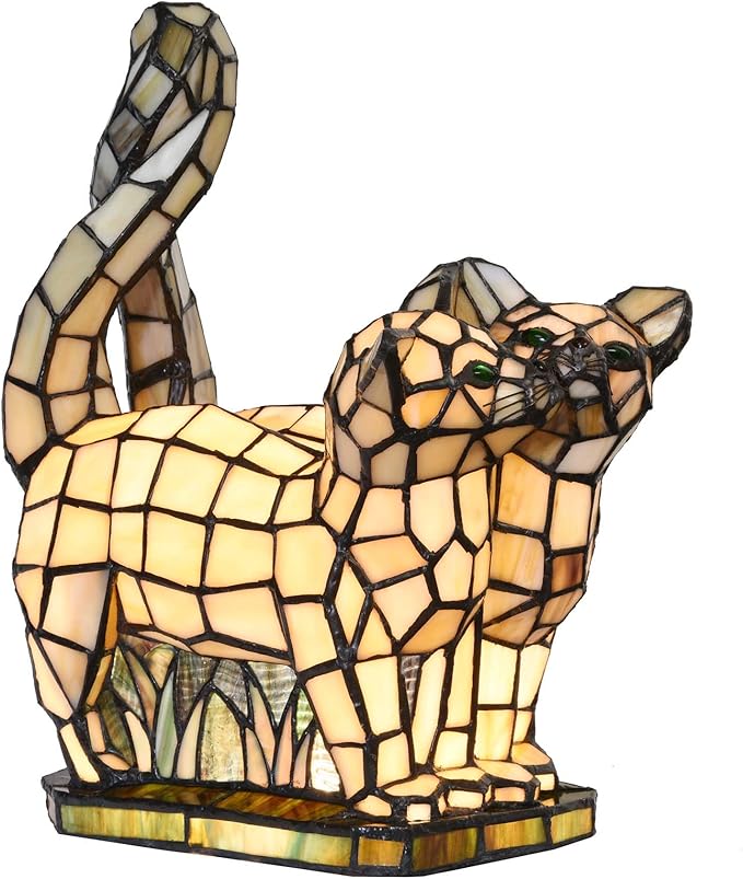 Bieye L10771 Cats in Love Tiffany Style Stained Glass Accent Table Lamp Night by Bieye