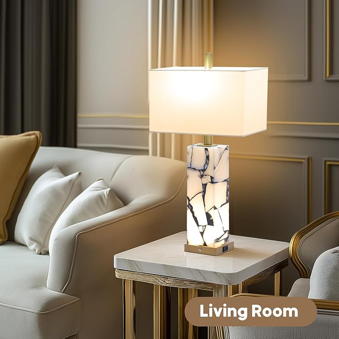 Natural Marble Table Lamps Set of 2: 3-Color Temperatures Alabaster Lamp - Image 7