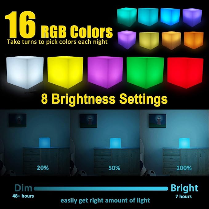 8-inch Waterproof LED Light Cube, USB Rechargeable Mood Light, 16 RGB Colors - Image 8