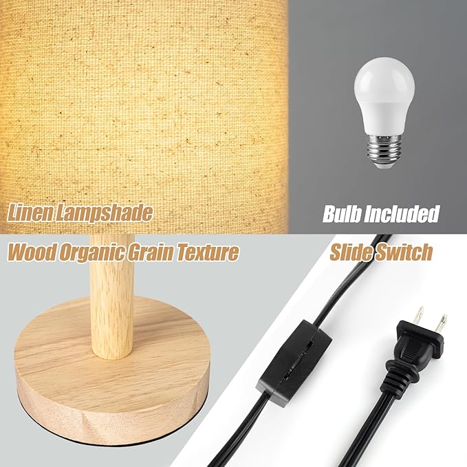 Small Table Lamp for Bedroom, Nightstand Lamp Linen Lampshade Bedroom Wood Base - Image 4