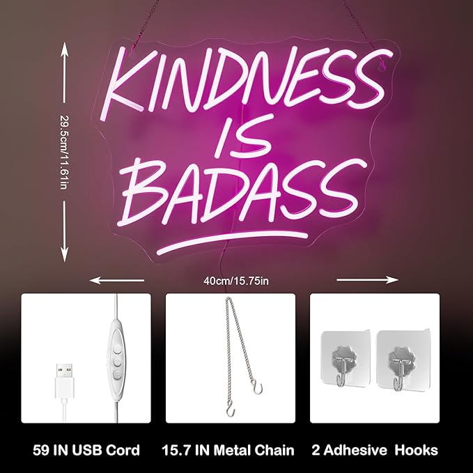 KINDNESS IS BADASS Neon Sign – Pink LED Wall Light, Inspirational Neon Word Sign - Image 6