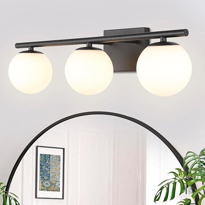 New Bathroom Vanity Light Fixtures 3 Lights Brushed Black Milk White Globe by Enjoyyourhealthylife