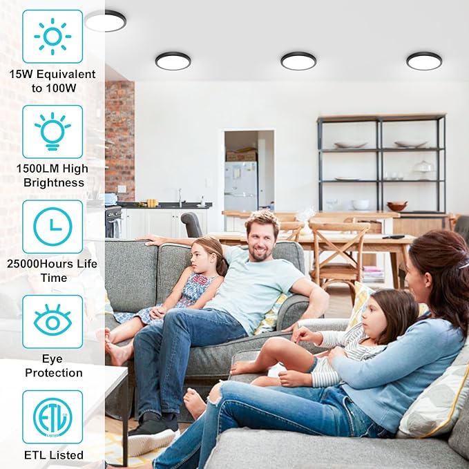 libtit Black Flush Mount Ceiling Light, 15W 1500Lm Thin Flat LED Lighting - Image 6