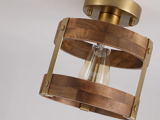 2 Pack Rustic Farmhouse Wood Flush Mount Ceiling Light Fixture Oak Wood and - Image 5