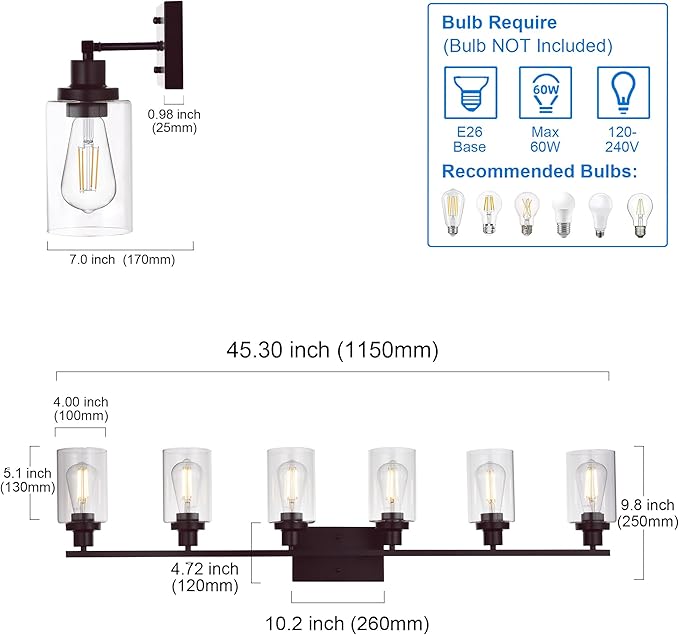 MELUCEE 6-Light Bathroom Vanity Light Fixture Vintage Industrial Oil Rubbed - Image 2