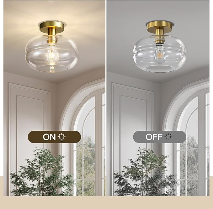 Semi Flush Mount Ceiling Light Fixture, 10-1/2 Inch Clear Glass Shade, Brushed - Image 6