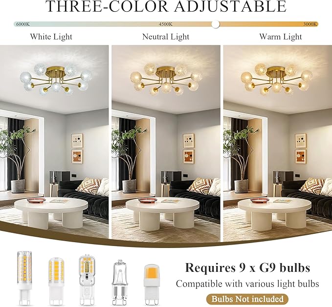 Sputnik Semi Flush Mount Ceiling Light Gold Glass Globe Chandelier Ceiling - Image 7