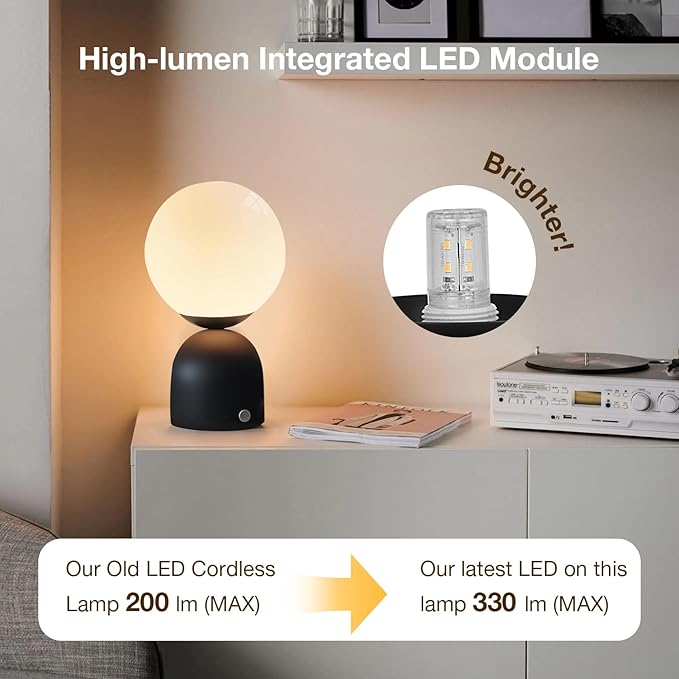 Cordless Globe Glass Table lamp Black, 5200-mAh Rechargeable Orb Lamp, 3-Level - Image 5