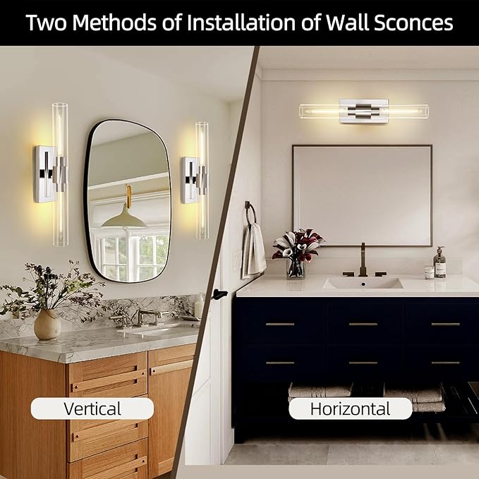 Bathroom Vanity Light Fixtures, Glass Tube Wall Sconces Set of 2, Nickel - Image 4