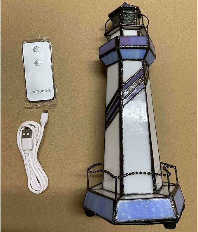 Bieye L10776 Lighthouse Tiffany Style Stained Glass Accent Table Lamp Night - Image 7