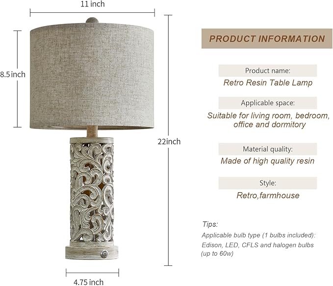 OYEARS 3-Way Dimmable 22'' USB A+C Touch Control Table Lamp - Image 4