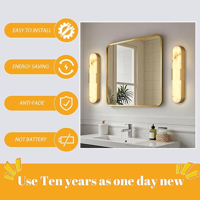 2 Pack Alabaster Wall Sconces 20" Gold Modern Vanity Wall Lights - Image 5