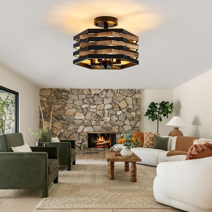 Farmhouse Rustic Wood Flush Mount Ceiling Light Fixtures, 4-Light Close to - Image 9