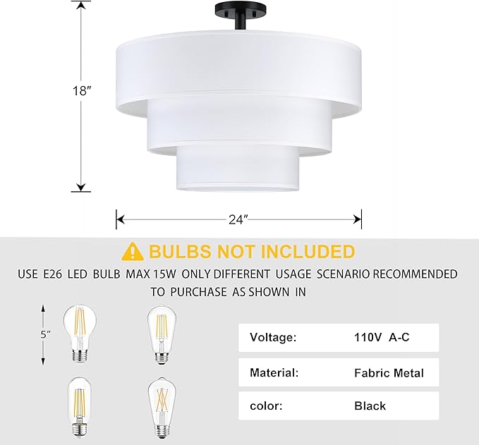 Doraimi Lighting 3 Tier White Drum Fabric Semi Flush Mount Light Modern - Image 2
