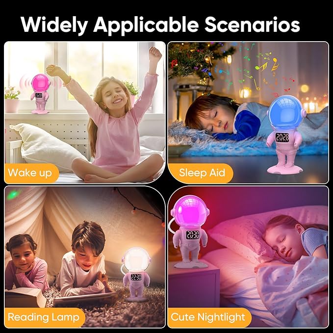 Astronaut Sunrise Alarm Clock for Kids, 22 Dimmable Nightlights, Dual Digital - Image 6