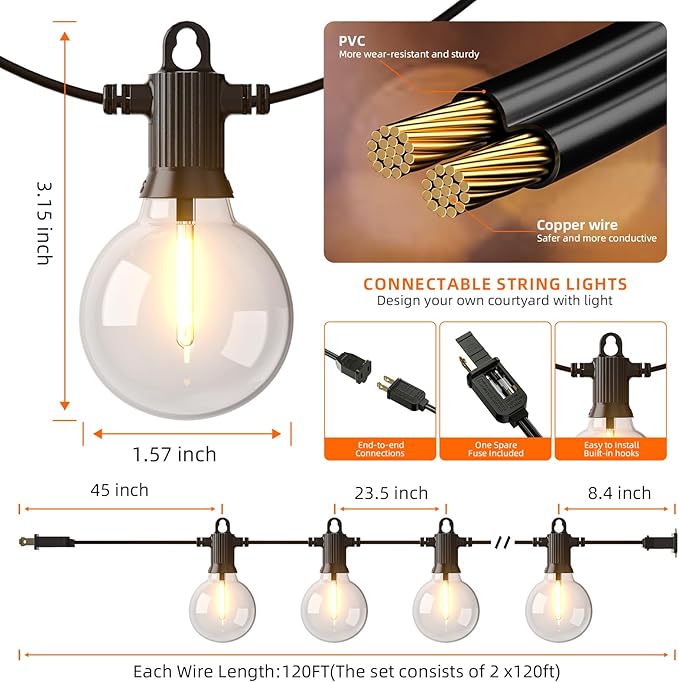 Kawaya 240FT Outdoor Lights String LED Patio Light Waterproof Dimmable G40 - Image 6