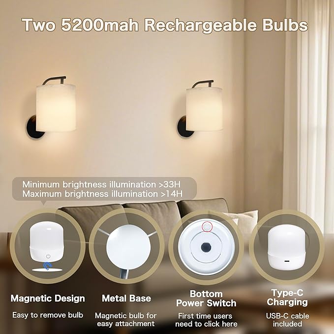 Rechargeable Battery Operated Wall Sconces Set of 2, Wireless Wall Lights - Image 5