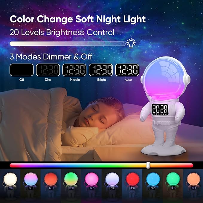 Astronaut Sunrise Alarm Clock for Kids, 22 Dimmable Nightlights, Dual Digital - Image 4