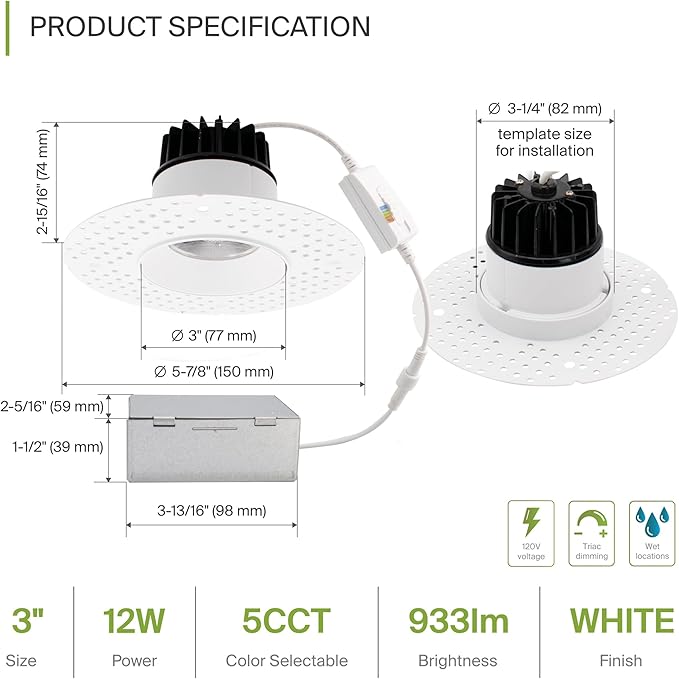 ASD Trimless 3 Inch LED Recessed Light, 12W 120V Round Commercial Downlight - Image 2