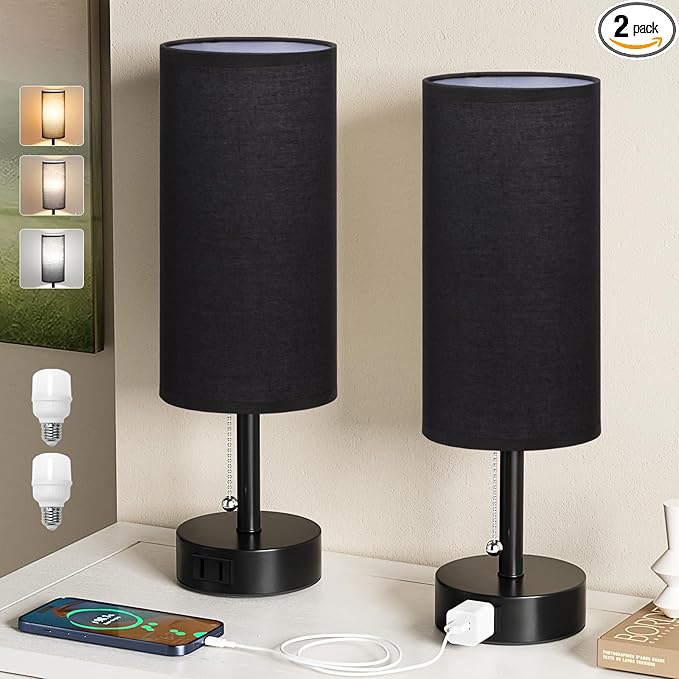 Fenmzee Black Bedside Table Lamps Set of 2-3 Color Temperatures Pull Chain Lamp by Fenmzeelighting