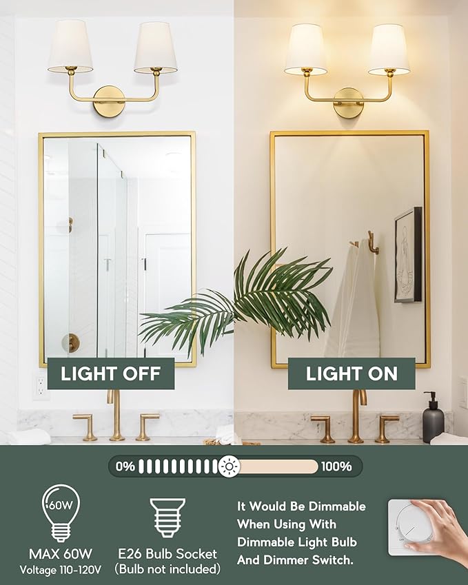 2 Light Bathroom Vanity Light, Brushed Gold Double Wall Sconce - Image 3