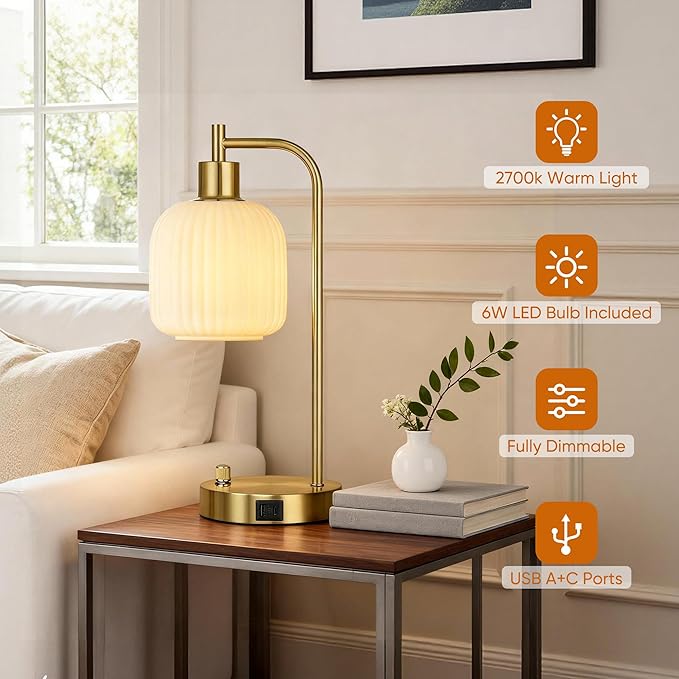 QiMH Industrial Table Lamp for Bedroom Set of 2, Cream Glass Beside Lamp - Image 4