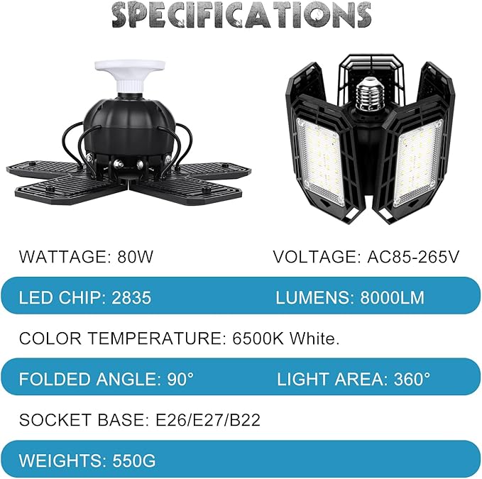 LED Garage Lights 4 Pack, Ceiling LED Shop Light 160W 16000LM 6500K Screw in - Image 7
