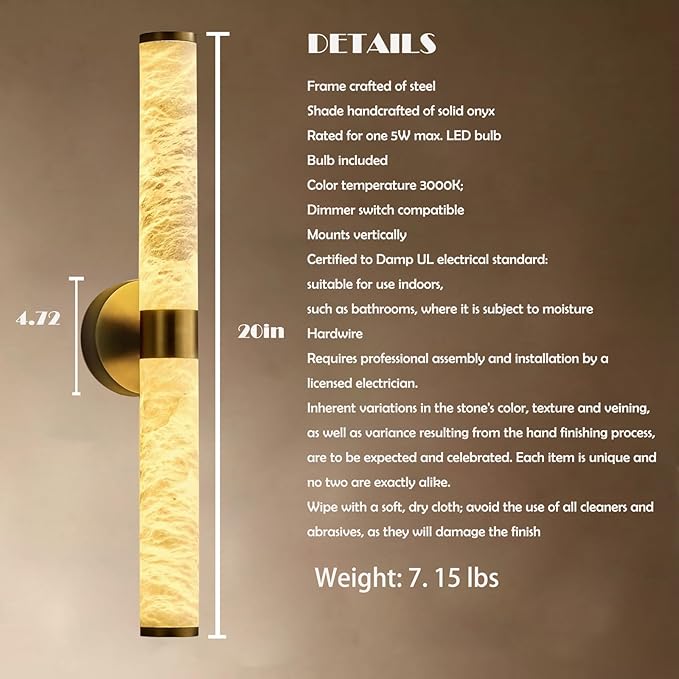 Alabaster Wall Sconce, 20.6" Gold Wall Sconce, Brass Alabaster Single Sconces - Image 4