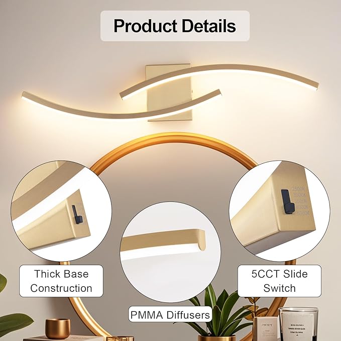 31.5 inch Modern Bathroom Vanity Light Gold Lights Fixtures Dimmable 5CCT Led - Image 3