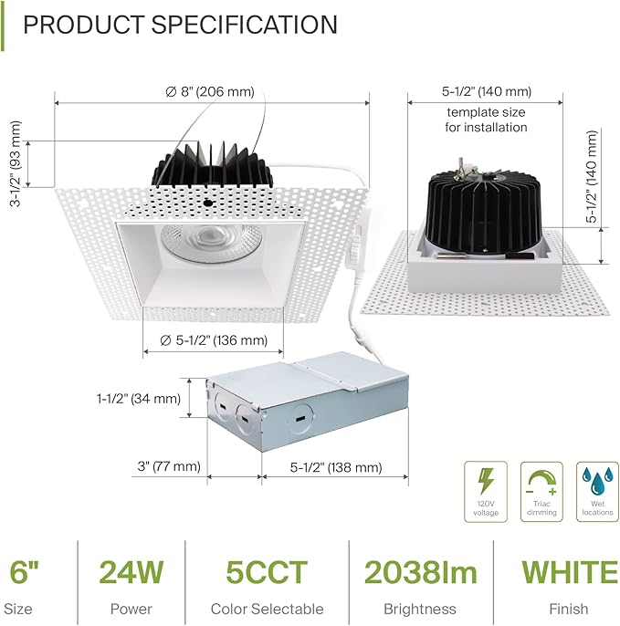 ASD Trimless LED Recessed Lighting 6 Inch, 24W 120V Square Commercial Downlight - Image 2
