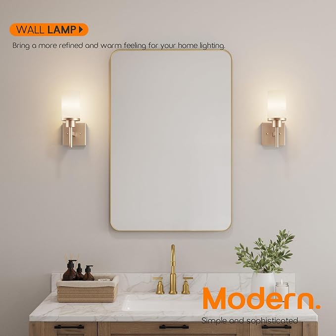 Vanity Lighting Fixtures with White Frosted Glass Shade, Champagne Bronze Wall - Image 2