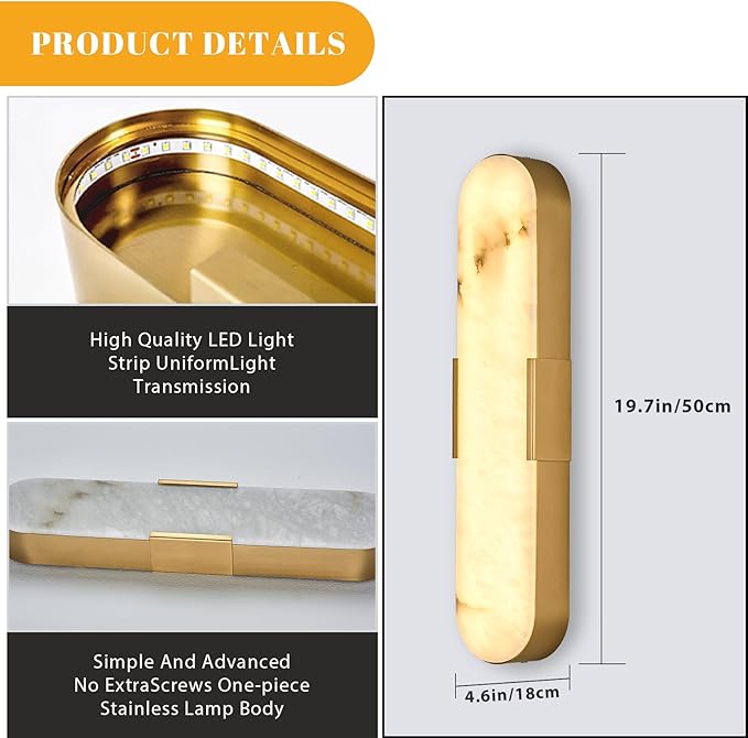 2 Pack Alabaster Wall Sconces 20" Gold Modern Vanity Wall Lights - Image 2