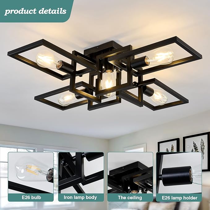 ZGLAOJT Black Industrial Semi Flush Mount Ceiling Light 5-Light Kitchen Light - Image 5