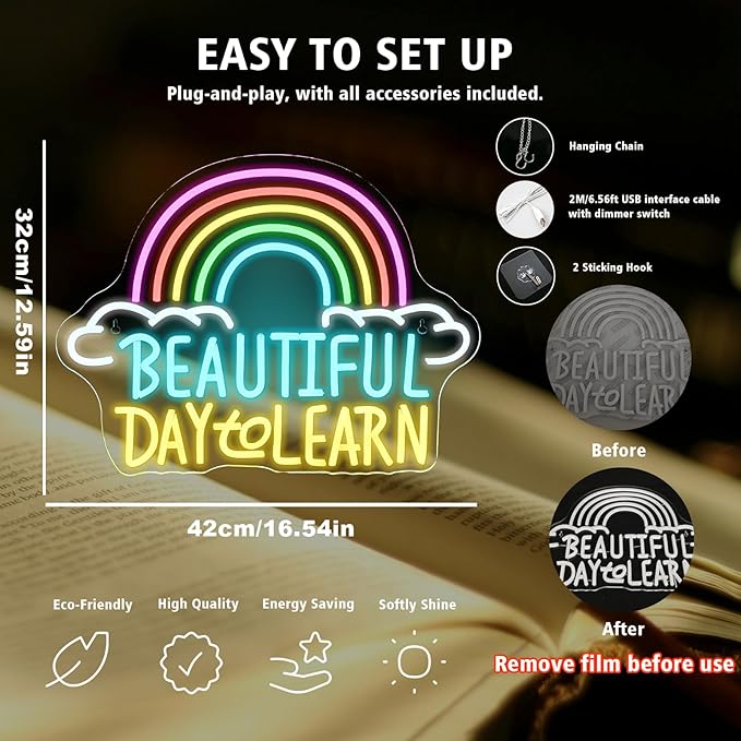 Beautiful Day to Learn LED Neon Sign, 16.5"x12.6" USB Powered, - Image 2