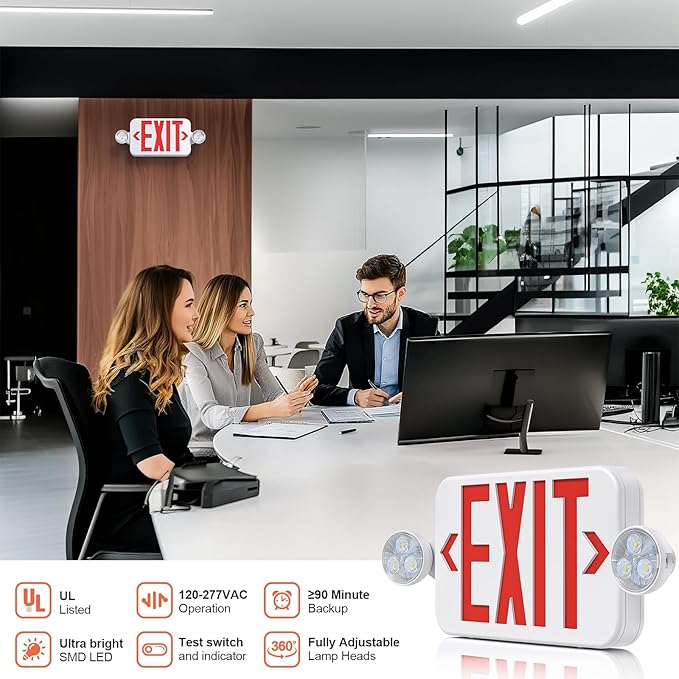 Led Exit Sign Emergency Light Combo Adjustable Two Head, Double Sided and - Image 5