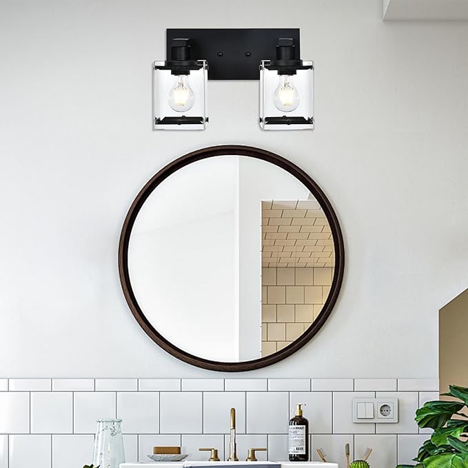Black 2-Light Wall Sconce Bathroom Light Fixture, Rectangular Clear Glass - Image 3
